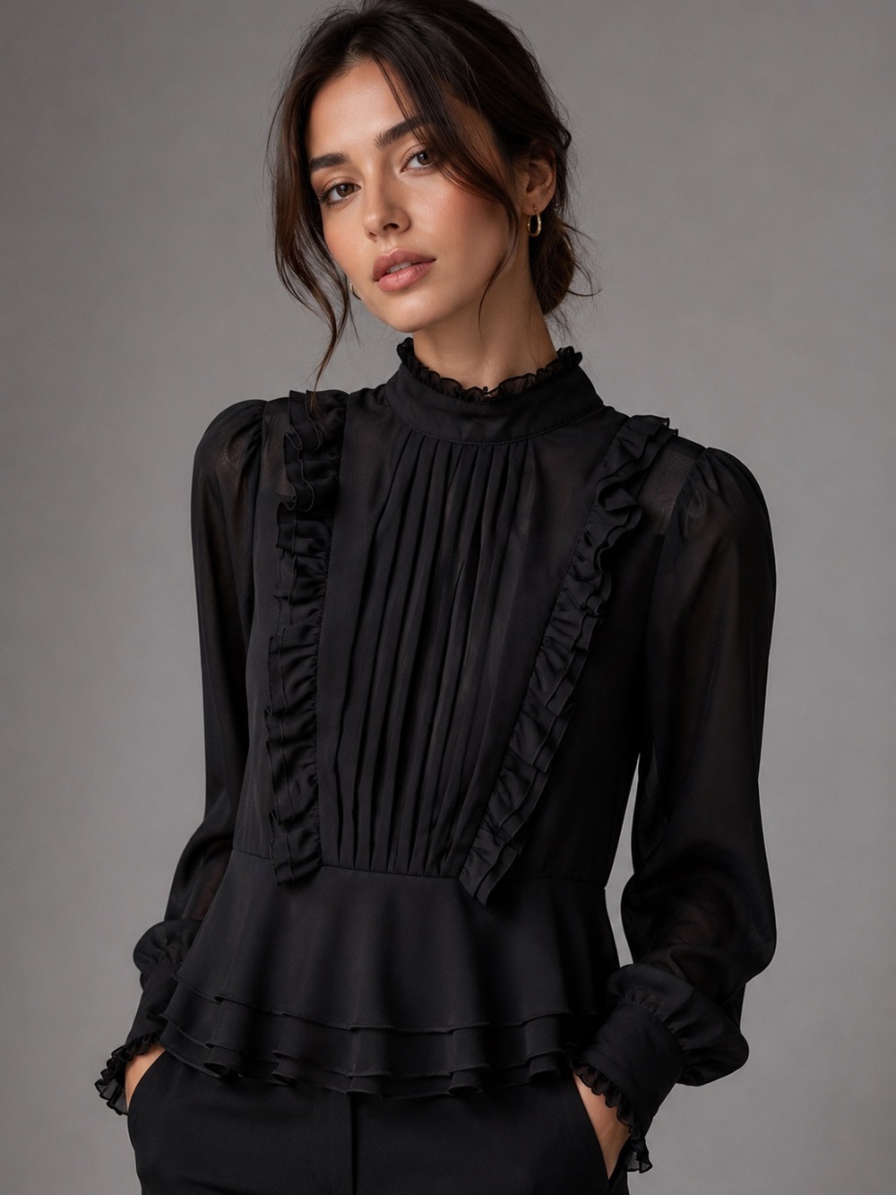 New York Story- Black Ruffle High-Neck Blouse